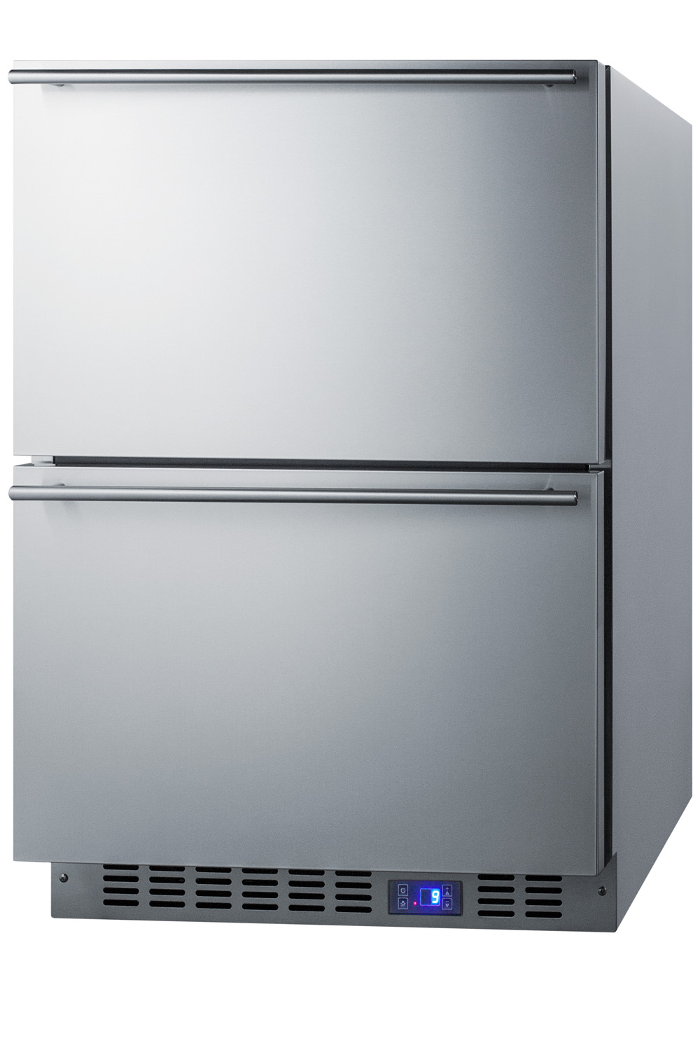 Built-in undercounter two-drawer all-freezer with frost-free operation, stainless steel construction, and panel-ready drawer fronts